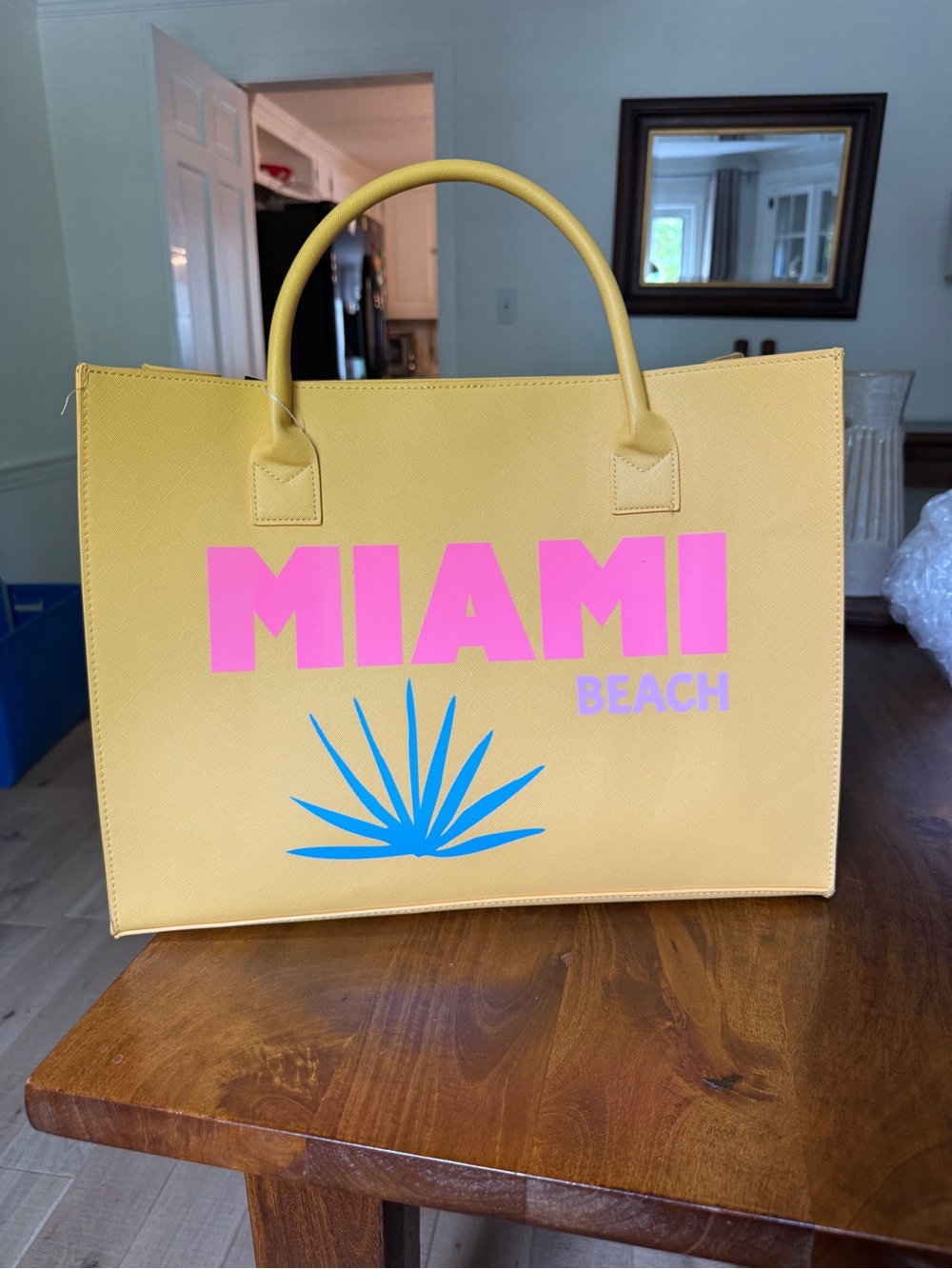 Yellow "Miami Beach" Tote Bag with Pink & Blue Graphics BRAND NEW
